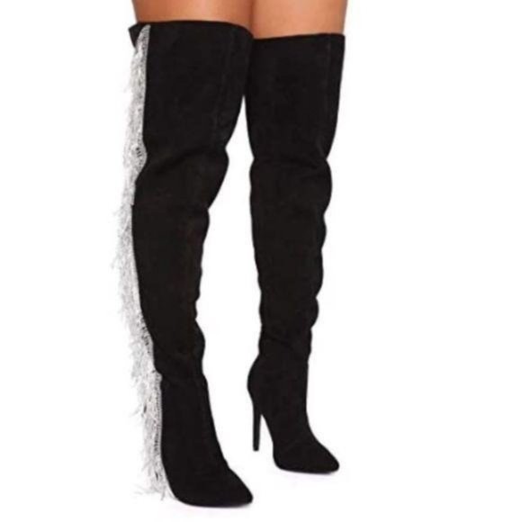 Pointy Toe OTK Boots w/ Rhinestone Fringe in Black - Picture 2 of 10